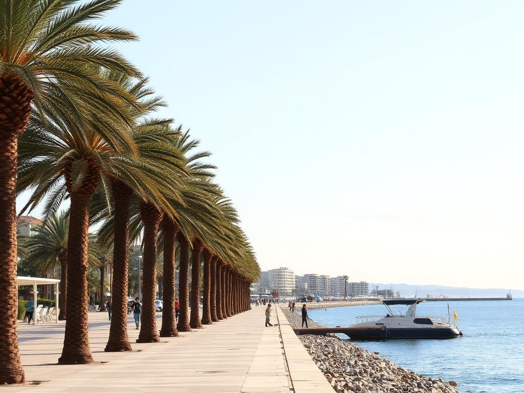 Palm-lined Finikoudes promenade beside the sea in Larnaca, Cyprus